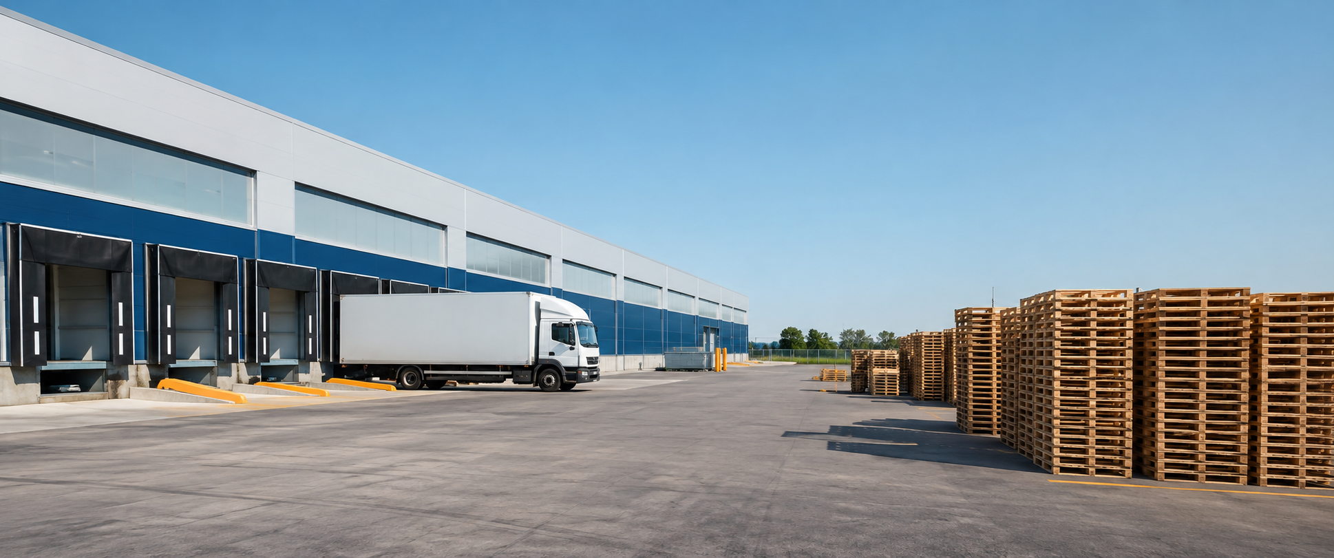 Logistikhof mit Lagerhalle, Lastwagen und Paletten